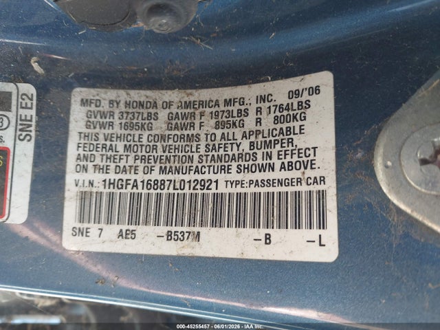 Продажа на аукционе авто 2007 Honda Civic Ex, vin: 1HGFA16887L012921, номер лота: 45255457