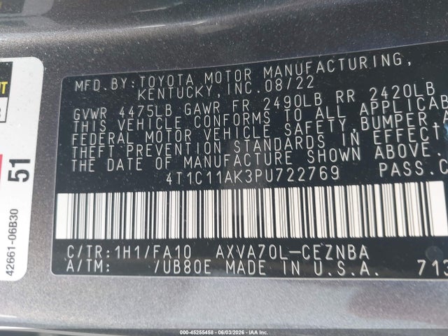 Продаж на аукціоні авто 2023 Toyota Camry Le, vin: 4T1C11AK3PU722769, номер лоту: 45255458