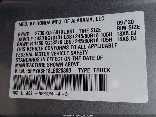 2020 Honda Ridgeline Awd Sport მანქანა იყიდება აუქციონზე, vin: 5FPYK3F18LB020380, აუქციონის ნომერი: 45255476