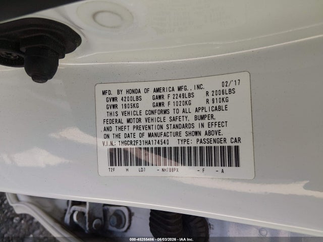Honda ACCORD LX 2017 1HGCR2F31HA174540 Image 9