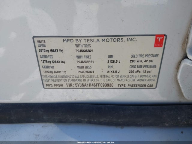 Aukcja sprzedaży 2015 Tesla Model S 85d/p85d, vin: 5YJSA1H46FF093930, numer aukcji: 45255488