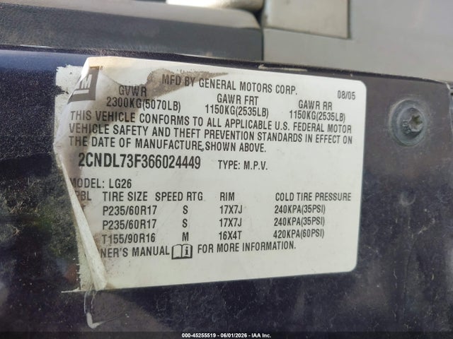 Aukcja sprzedaży 2006 Chevrolet Equinox Lt, vin: 2CNDL73F366024449, numer aukcji: 45255519