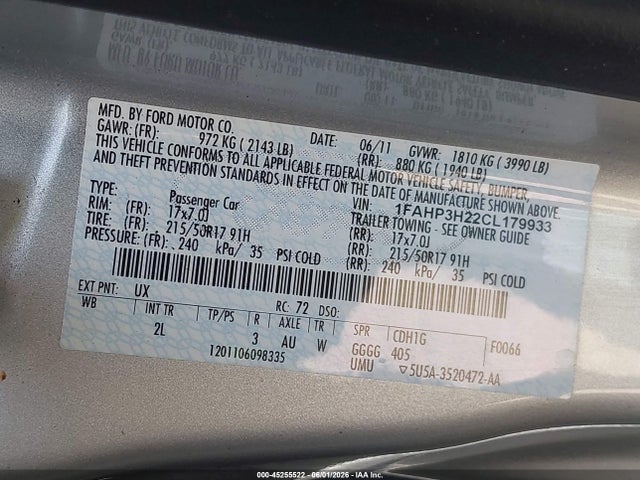 Aukcja sprzedaży 2012 Ford Focus Sel, vin: 1FAHP3H22CL179933, numer aukcji: 45255522
