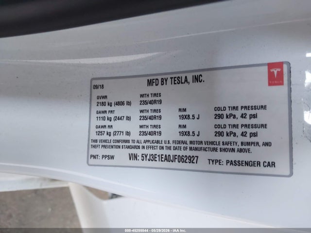 5YJ3E1EA0JF062927 Tesla Model 3 Long Range/mid Range