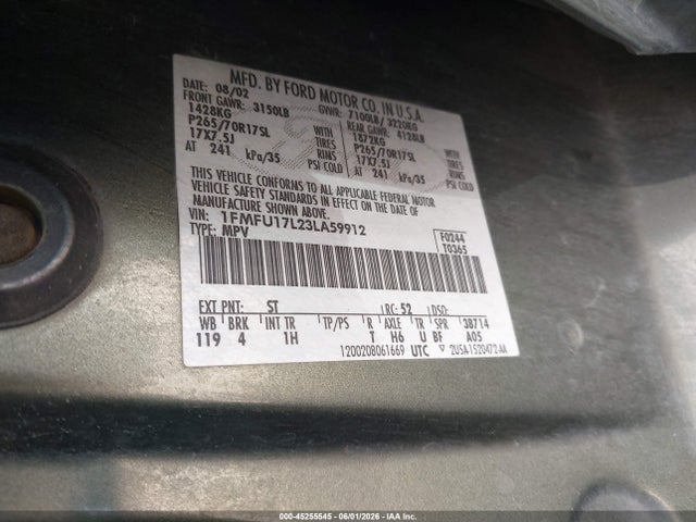 45255545 :رقم المزاد ، 1FMFU17L23LA59912 vin ، 2003 Ford Expedition Eddie Bauer مزاد بيع