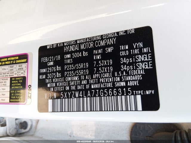 45255546 :رقم المزاد ، 5XYZW4LA7JG566315 vin ، 2018 Hyundai Santa Fe Sport 2.0t Ultimate مزاد بيع