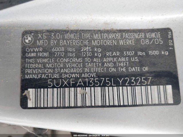 Продажа на аукционе авто 2005 Bmw X5 3.0i, vin: 5UXFA13575LY23257, номер лота: 45255548