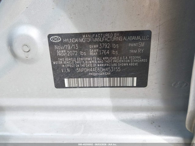 2013 Hyundai Elantra Limited მანქანა იყიდება აუქციონზე, vin: 5NPDH4AE6DH453155, აუქციონის ნომერი: 45255552