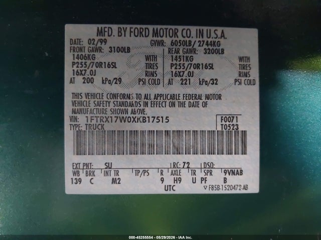 Aukcja sprzedaży 1999 Ford F-150 Lariat/work Series/xl/xlt, vin: 1FTRX17W0XKB17515, numer aukcji: 45255554
