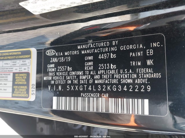 Aukcja sprzedaży 2019 Kia Optima Lx, vin: 5XXGT4L32KG342229, numer aukcji: 45255557