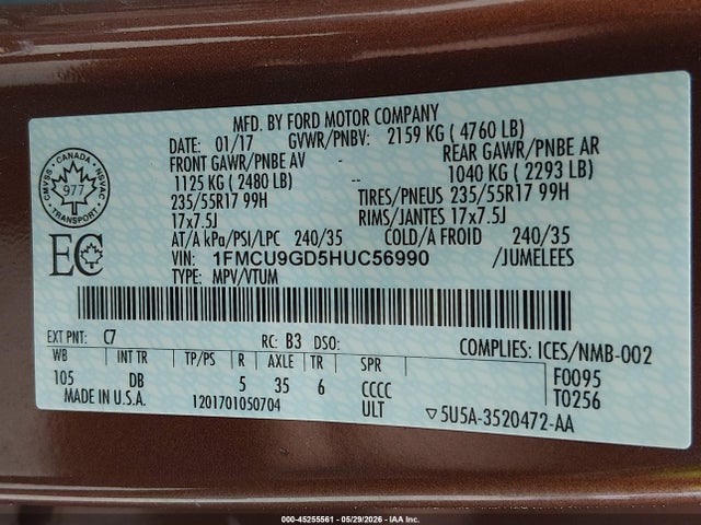 1FMCU9GD5HUC56990 Ford ESCAPE SE