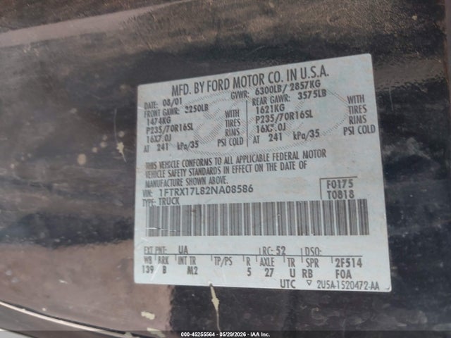 Продажа на аукционе авто 2002 Ford F-150 Lariat/xl/xlt, vin: 1FTRX17L82NA08586, номер лота: 45255564