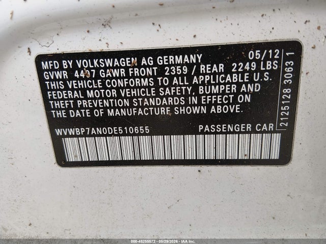 45255572 :رقم المزاد ، WVWBP7AN0DE510655 vin ، 2013 Volkswagen Cc 2.0t Sport Plus مزاد بيع