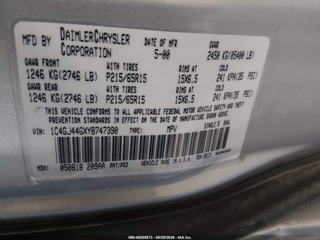 Продаж на аукціоні авто 2000 Chrysler Grand Voyager Se, vin: 1C4GJ44GXYB747390, номер лоту: 45255573