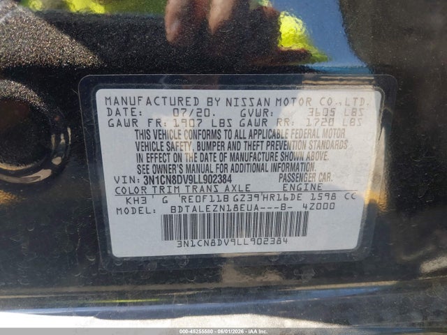 Aukcja sprzedaży 2020 Nissan Versa S Xtronic Cvt, vin: 3N1CN8DV9LL902384, numer aukcji: 45255580