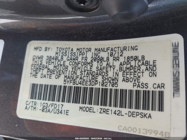 Aukcja sprzedaży 2013 Toyota Corolla S, vin: 5YFBU4EE3DP102705, numer aukcji: 45255583