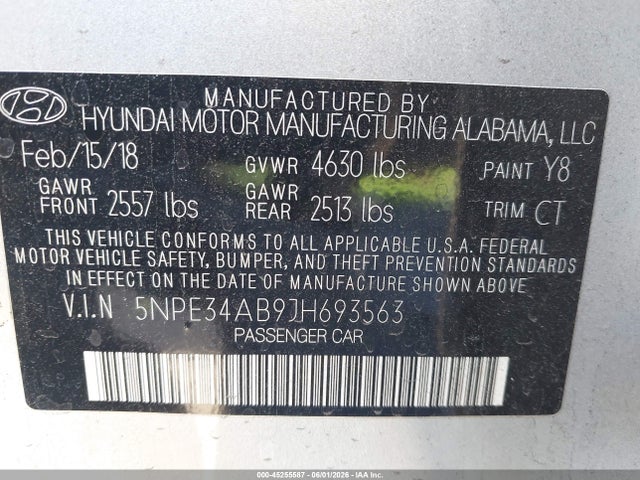 45255587 :رقم المزاد ، 5NPE34AB9JH693563 vin ، 2018 Hyundai Sonata Limited 2.0t مزاد بيع