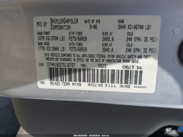 45255589 :رقم المزاد ، 1D7HA18227S132757 vin ، 2007 Dodge Ram 1500 Slt مزاد بيع