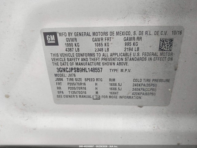 Продаж на аукціоні авто 2017 Chevrolet Trax Lt, vin: 3GNCJPSB9HL148557, номер лоту: 45255597