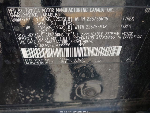 2015 Toyota Rav4 Limited მანქანა იყიდება აუქციონზე, vin: 2T3DFREV2FW315556, აუქციონის ნომერი: 45255606