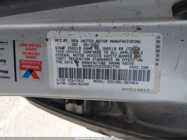 45255619 :رقم المزاد ، 1NXBR32E83Z062795 vin ، 2003 Toyota Corolla Le مزاد بيع