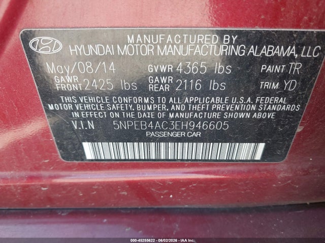 Aukcja sprzedaży 2014 Hyundai Sonata Gls, vin: 5NPEB4AC3EH946605, numer aukcji: 45255622