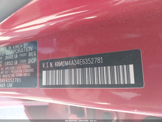 45255633 :رقم المزاد ، KNADM4A34E6352781 vin ، 2014 Kia Rio Lx مزاد بيع