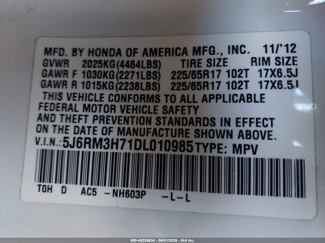 Продаж на аукціоні авто 2013 Honda Cr-v Ex-l, vin: 5J6RM3H71DL010985, номер лоту: 45255634
