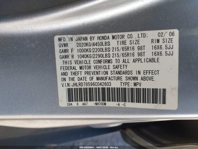 Продаж на аукціоні авто 2006 Honda Cr-v Lx, vin: JHLRD78596C042603, номер лоту: 45255641