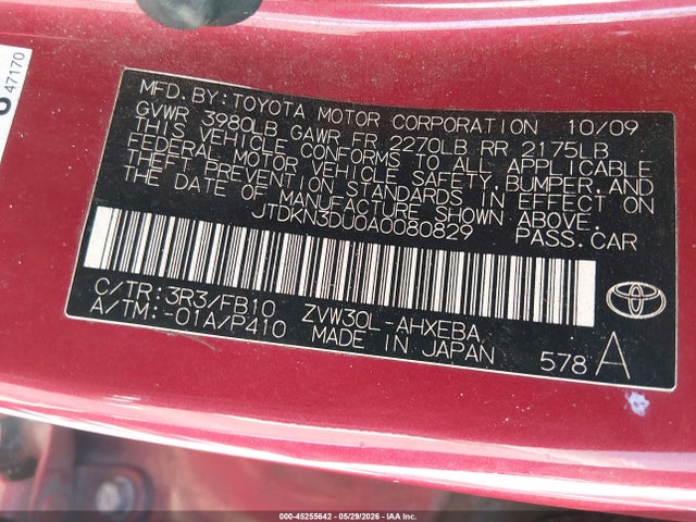 Aukcja sprzedaży 2010 Toyota Prius Ii, vin: JTDKN3DU0A0080829, numer aukcji: 45255642