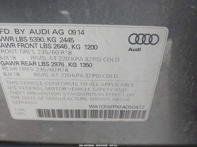 Продажа на аукционе авто 2015 Audi Q5 2.0t Premium, vin: WA1CFAFPXFA050472, номер лота: 45255646