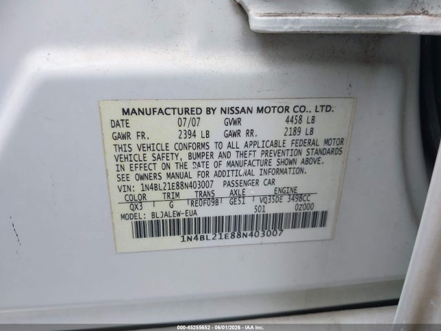 Продаж на аукціоні авто 2008 Nissan Altima 3.5 Sl, vin: 1N4BL21E88N403007, номер лоту: 45255652
