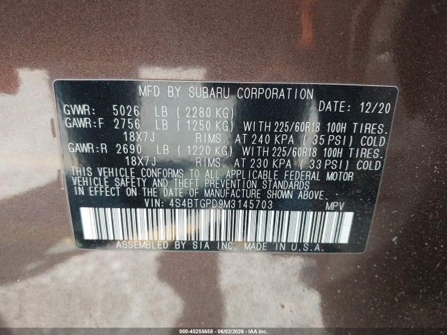 45255658 :رقم المزاد ، 4S4BTGPD9M3145703 vin ، 2021 Subaru Outback Touring Xt مزاد بيع