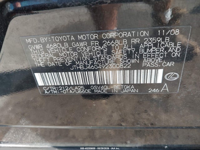 Продаж на аукціоні авто 2009 Lexus Es 350, vin: JTHBJ46G492300822, номер лоту: 45255659