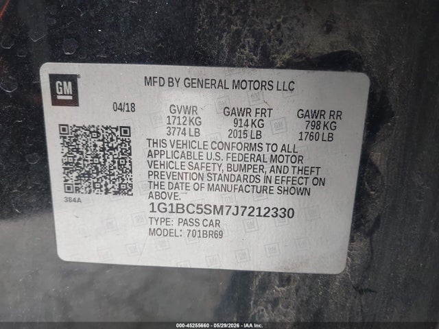 45255660 :رقم المزاد ، 1G1BC5SM7J7212330 vin ، 2018 Chevrolet Cruze Ls Auto مزاد بيع