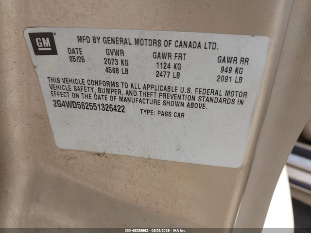 2005 Buick Lacrosse Cxl მანქანა იყიდება აუქციონზე, vin: 2G4WD562551326422, აუქციონის ნომერი: 45255662