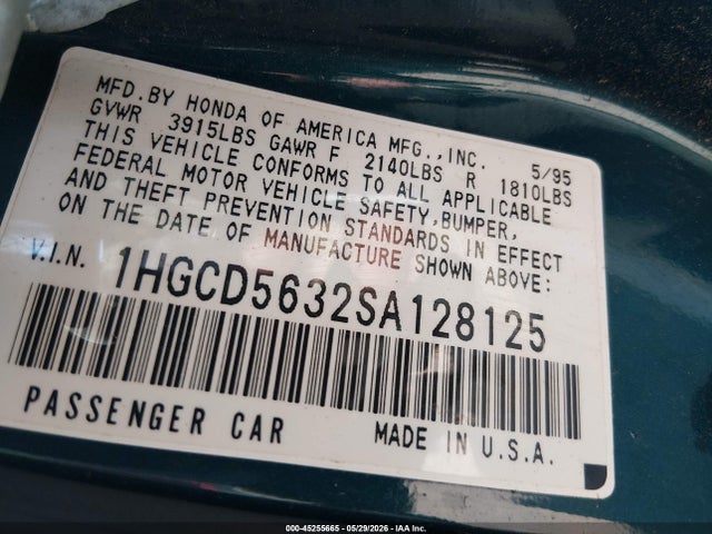 45255665 :رقم المزاد ، 1HGCD5632SA128125 vin ، 1995 Honda Accord Lx/ex مزاد بيع