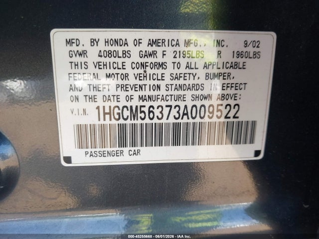 45255668 :رقم المزاد ، 1HGCM56373A009522 vin ، 2003 Honda Accord 2.4 Lx مزاد بيع