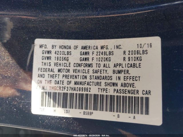 Продажа на аукционе авто 2017 Honda Accord Lx, vin: 1HGCR2F37HA089962, номер лота: 45255674