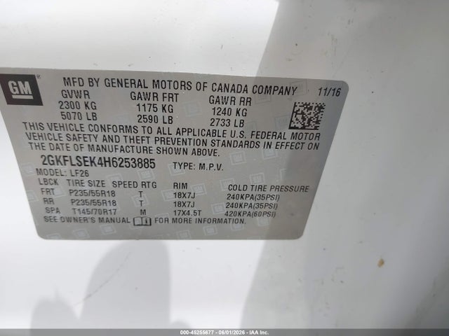 Aukcja sprzedaży 2017 Gmc Terrain Sle-1, vin: 2GKFLSEK4H6253885, numer aukcji: 45255677