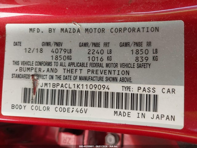 2019 Mazda Mazda3 Select Package მანქანა იყიდება აუქციონზე, vin: JM1BPACL1K1109094, აუქციონის ნომერი: 45255681