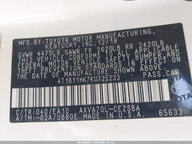 4T1B11HK7KU725233 Toyota CAMRY SE