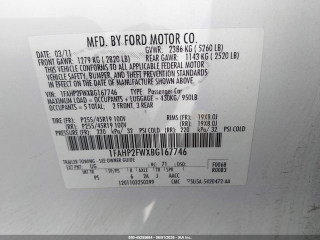 Продаж на аукціоні авто 2011 Ford Taurus Limited, vin: 1FAHP2FWXBG167746, номер лоту: 45255684