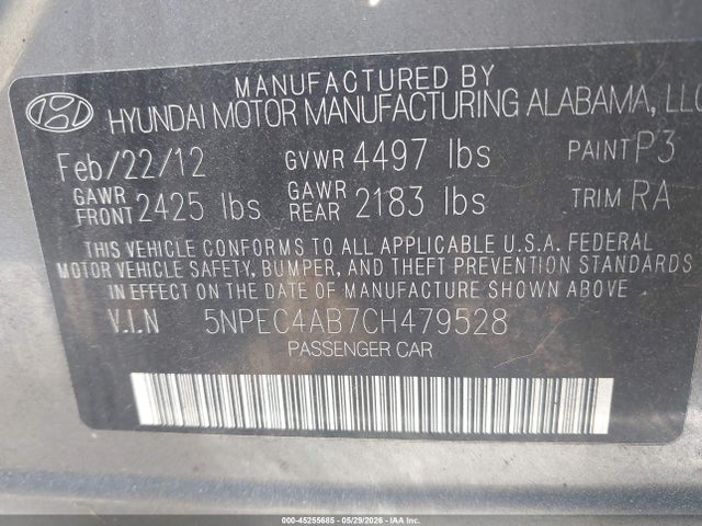 2012 Hyundai Sonata Se 2.0t მანქანა იყიდება აუქციონზე, vin: 5NPEC4AB7CH479528, აუქციონის ნომერი: 45255685