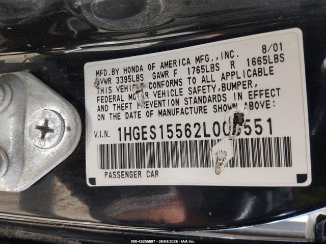 45255687 :رقم المزاد ، 1HGES15562L000551 vin ، 2002 Honda Civic Lx مزاد بيع
