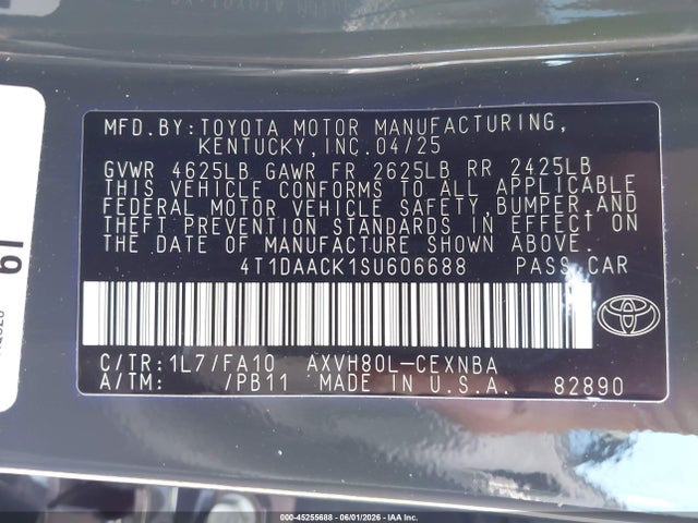 45255688 :رقم المزاد ، 4T1DAACK1SU606688 vin ، 2025 Toyota Camry Le مزاد بيع