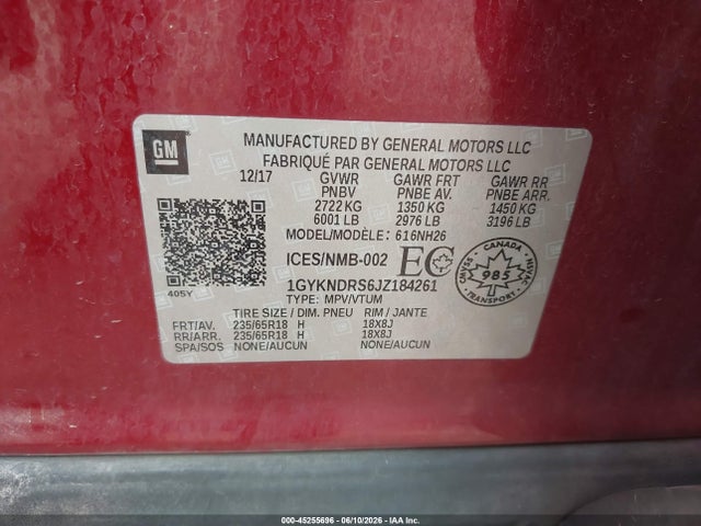 45255696 :رقم المزاد ، 1GYKNDRS6JZ184261 vin ، 2018 Cadillac Xt5 Luxury مزاد بيع