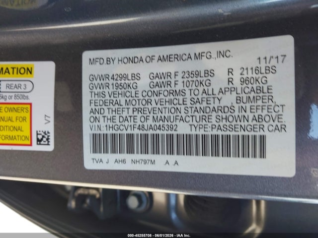 45255708 :رقم المزاد ، 1HGCV1F48JA045392 vin ، 2018 Honda Accord Ex مزاد بيع