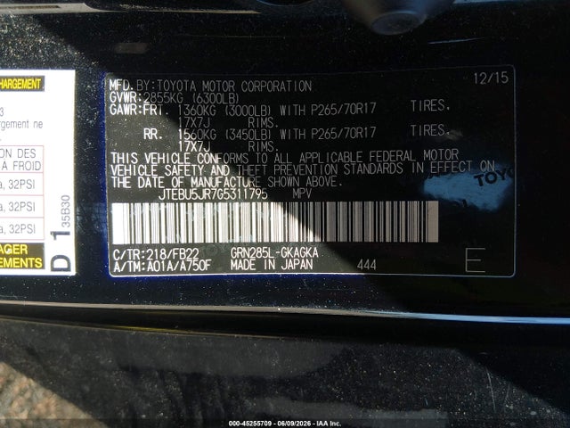Aukcja sprzedaży 2016 Toyota 4runner Sr5, vin: JTEBU5JR7G5311795, numer aukcji: 45255709