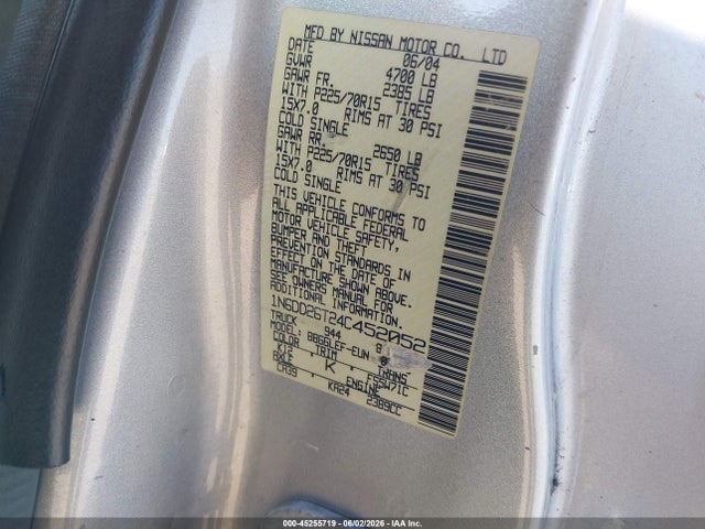 45255719 :رقم المزاد ، 1N6DD26T24C452052 vin ، 2004 Nissan Frontier Xe مزاد بيع